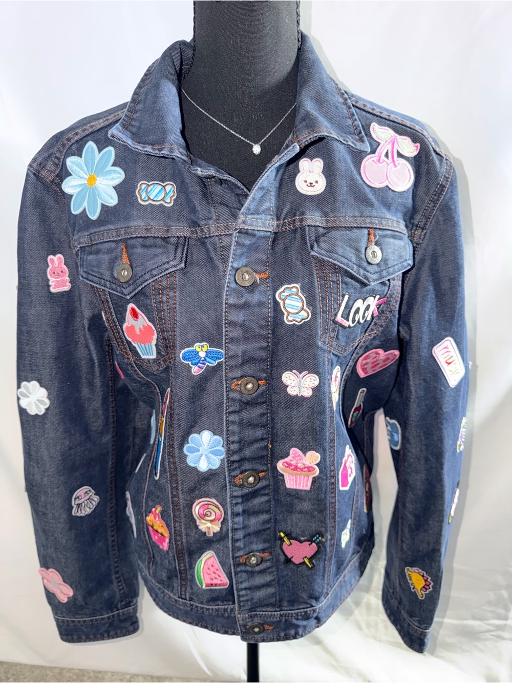 Dark Blue Denim Jacket with Fun Patches Size L Junior oversized back to School!